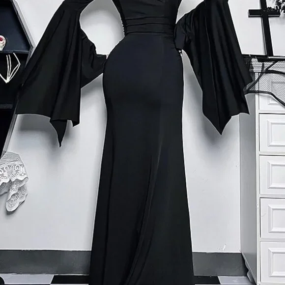 Gothic Maxi Dress Womens Long Flare Sleeve V-Neck Vintage Evening Wear - Picture 2 of 8
